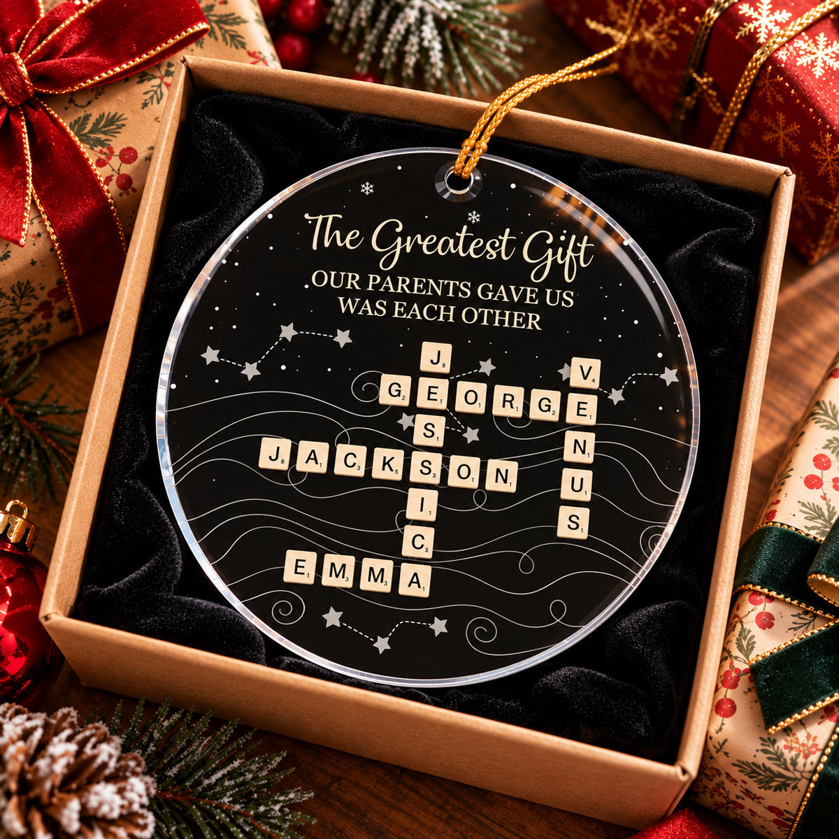 Brothers & Sisters Forever Linked Together Scrabble 2026 Christmas Ornament - Personalized Acrylic Ornament