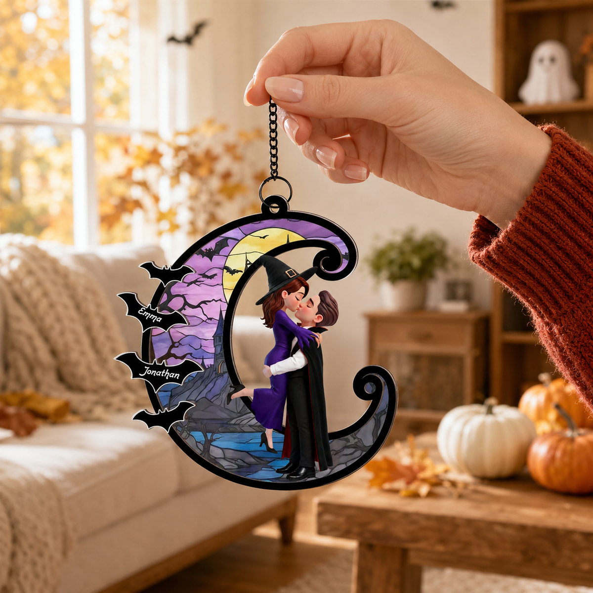 Halloween Couple Hugging Kissing On Moon Personalized Suncatcher, Halloween Decor