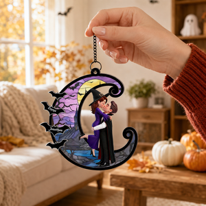Halloween Couple Hugging Kissing On Moon Personalized Suncatcher, Halloween Decor