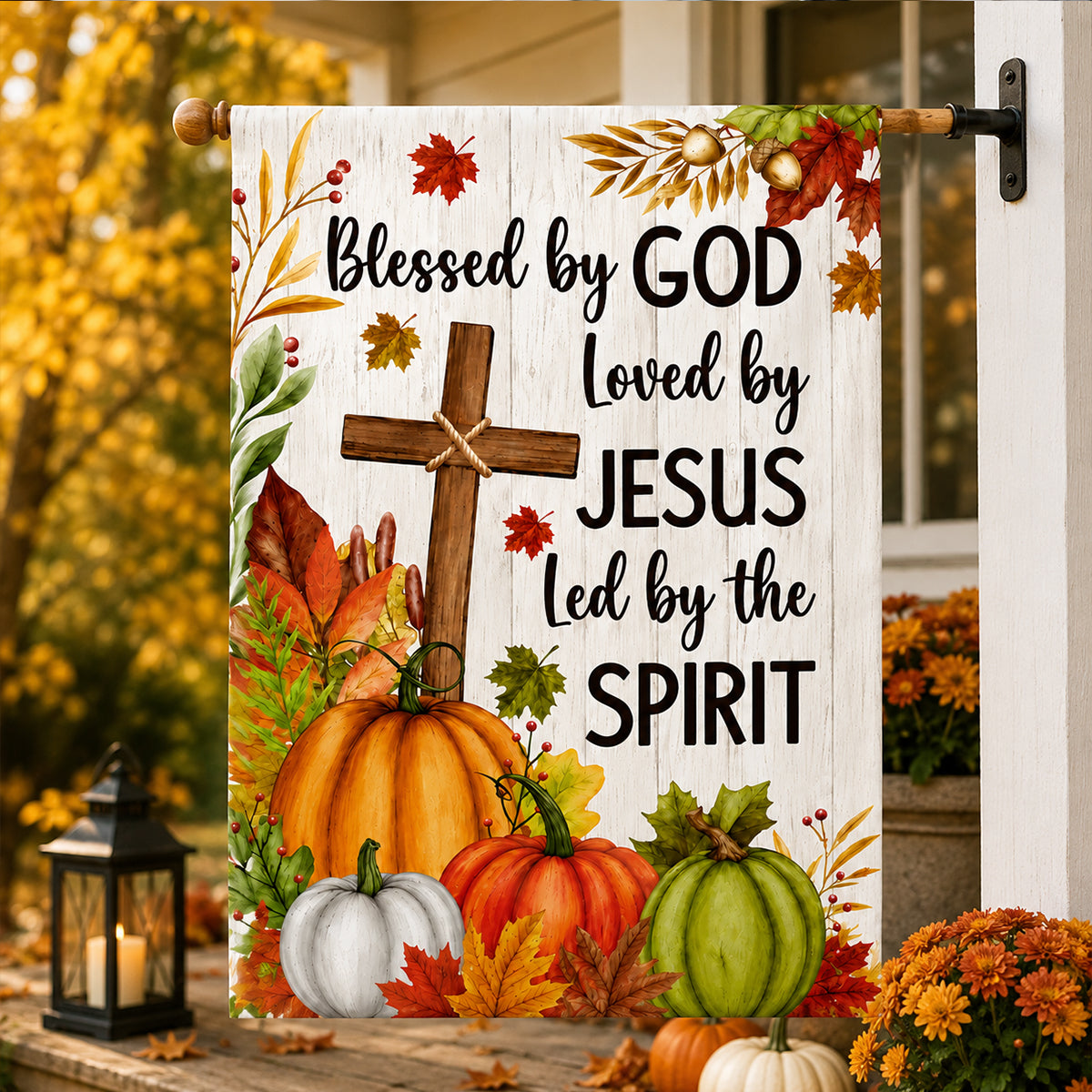 Fall Christian Cross Flag Blessed By God Loved By Jesus Led By The Spirit Flag