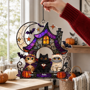 Halloween Haunted House Spooky Cats - Personalized Acrylic Suncatcher - Halloween Gift For Cat Lovers, Halloween Decor