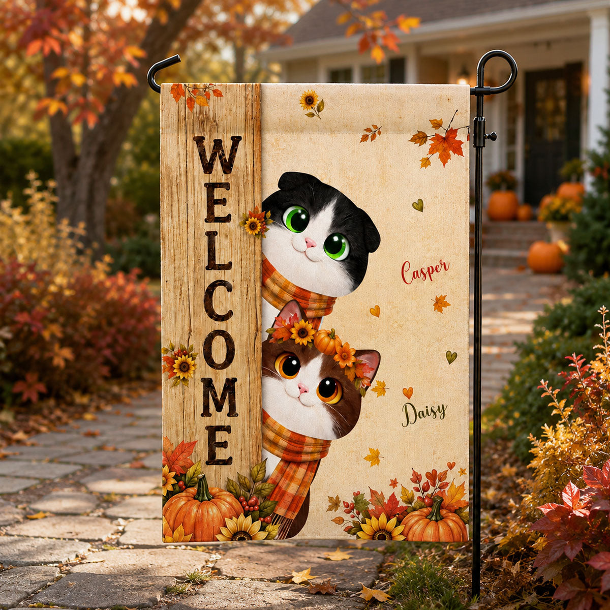 Welcome Cozy Fall Cat - Personalized Garden Flag - Fall Season Decoration, Gift For Cat Lovers