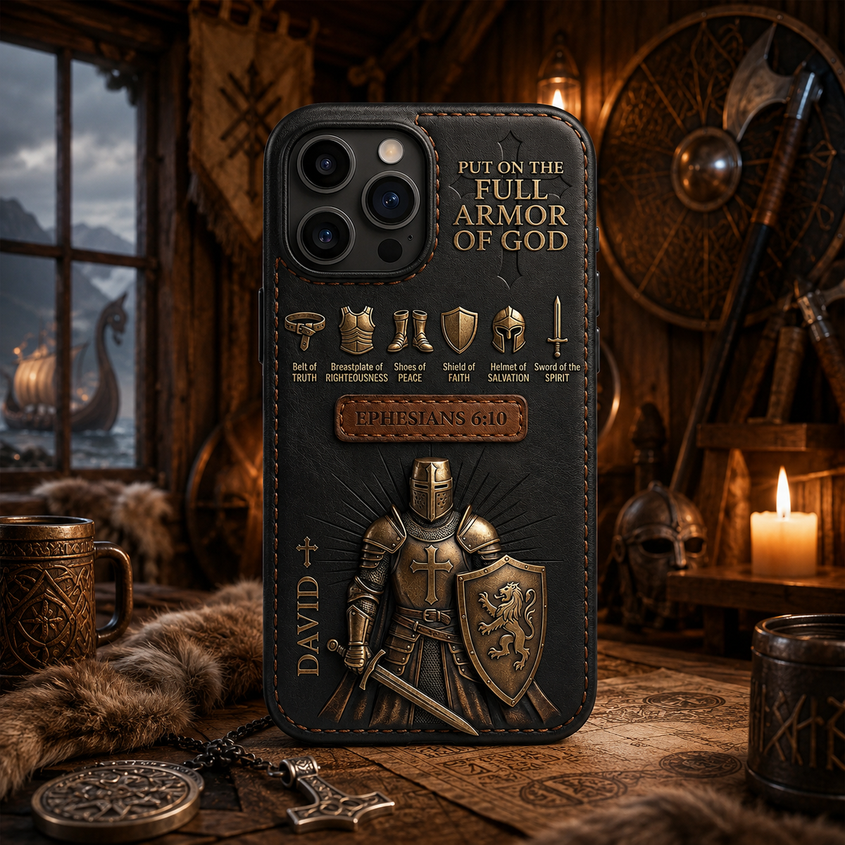 Personalized Armor of God Phone Case, Christian iPhone Case for Men, Ephesians 6:10 Scripture Case, Custom Name Leather Armor Design, Faith Gift