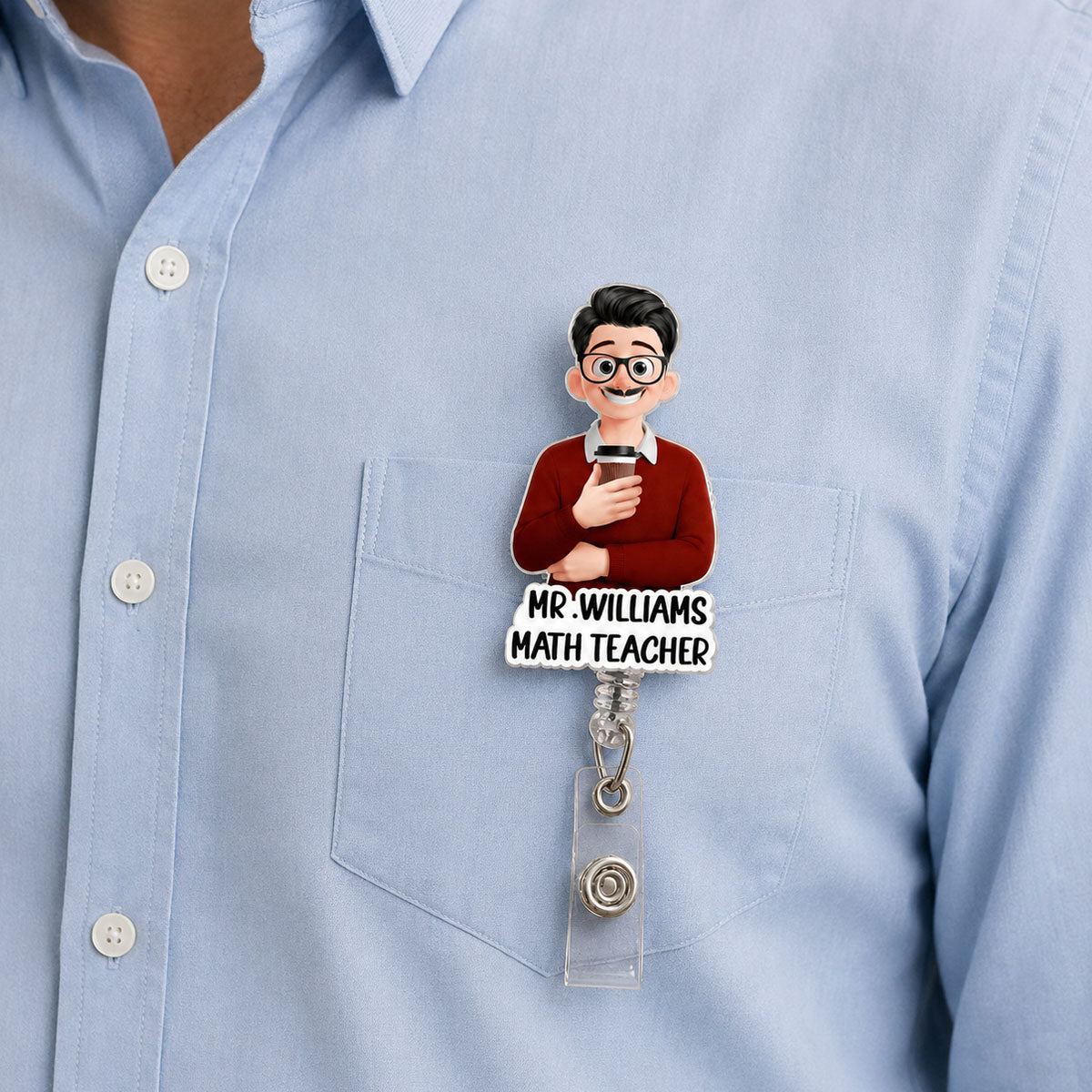 Custom Character For Teacher, Coworker, Boss With Name - Personalized Acrylic Badge Reel