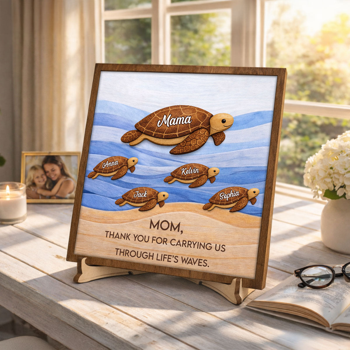 Personalized Wooden Sea Turtle Family Plaque, Unique Mom Gift, Turtle Lover Keepsake, Meaningful Mother s Day Gift, Custom Family Name Sign