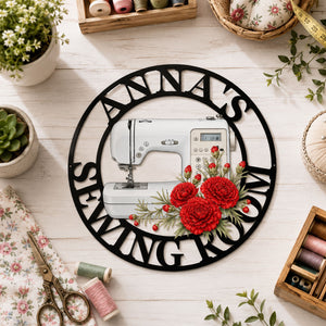 Sewing Room, Sewing Machine With Birth Flower - Personalized Metal Sign