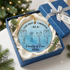 Family Footprint One Line Art First Christmas As A Family Of Three - Personalized Circle Ceramic Ornament