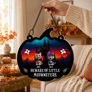 Beware Of Little Meownsters - Personalized Window Hanging Suncatcher Ornament - Halloween Gift For Family, Gift For Cat Lovers