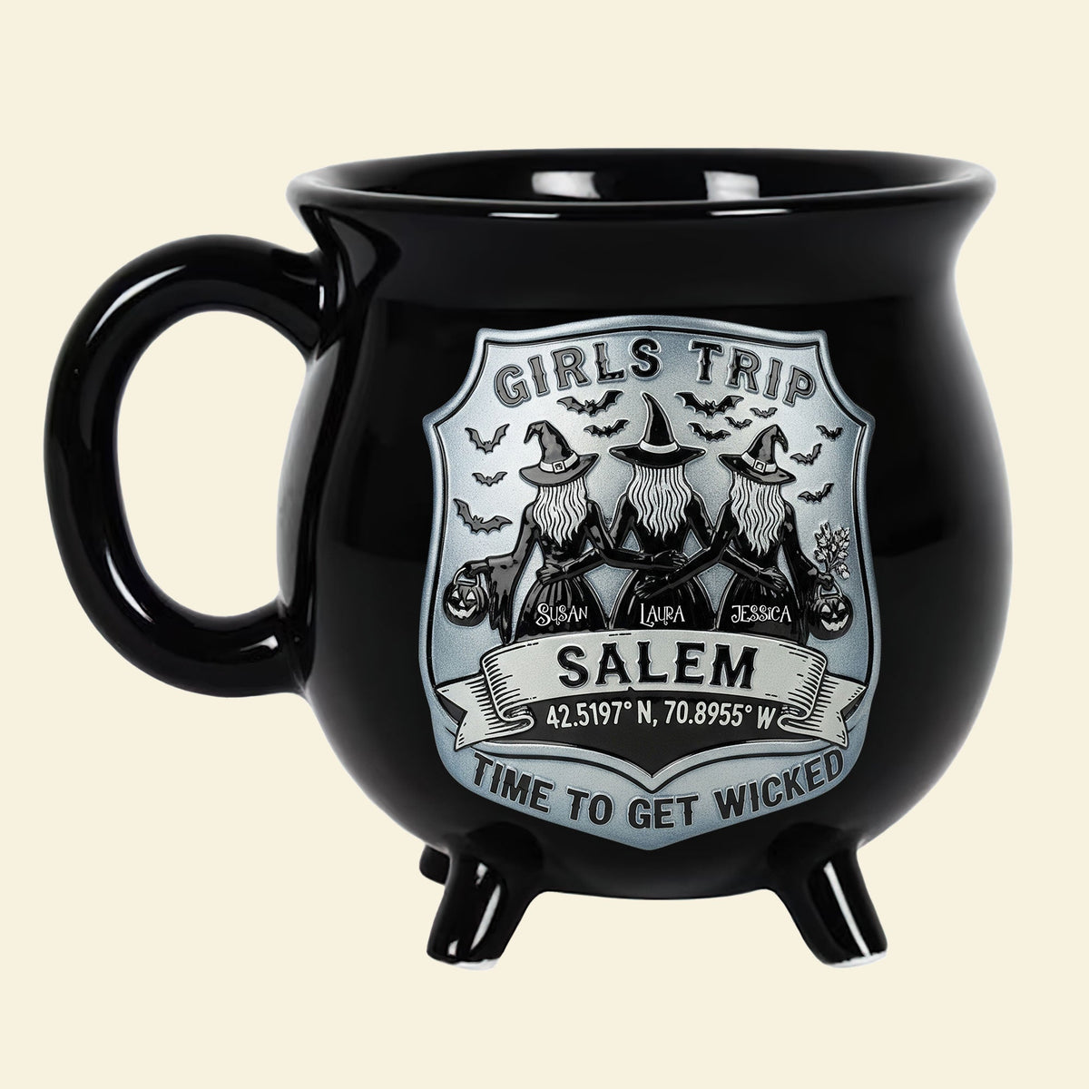 Girls Trip Time To Get Wicked - Personalized Halloween Black Ceramic Witch Mug - Halloween Gift For Sisters, Besties