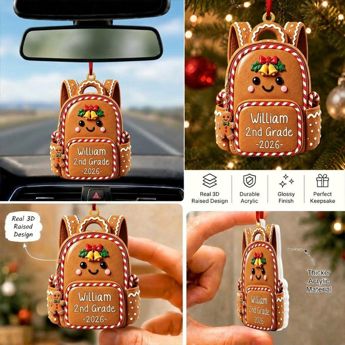 Gingerbread Backpack 3D Ornament - Personalized Back to School Gifts for Kids