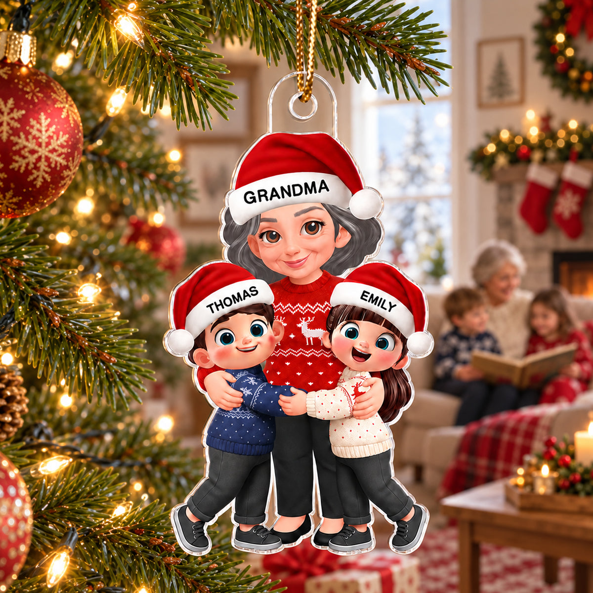 Endless Love Christmas Grandma Hugging Grandkids - Personalized Acrylic Ornament - Gift For Grandma, Grandkids