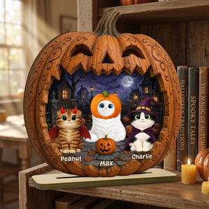 Spooky Halloween Pumpkin Cats 2D Flat Printed - Personalized Wooden Plaque - Halloween Decor For Cat Lovers