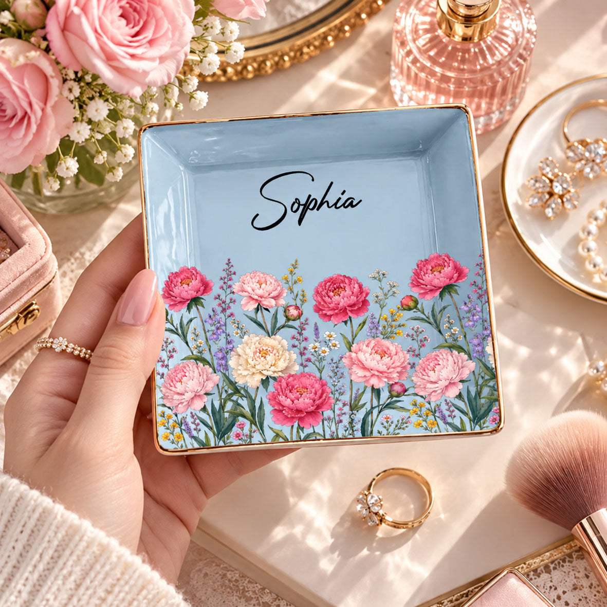 Custom Birth Flower & Name For Her, Gift For Friends, Coworkers, Daughters, Sisters - Personalized Jewelry Dish