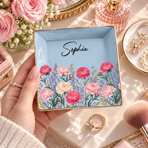 Custom Birth Flower & Name For Her, Gift For Friends, Coworkers, Daughters, Sisters - Personalized Jewelry Dish