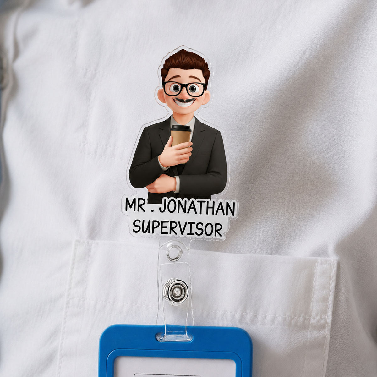 Custom Character For Teacher, Coworker, Boss With Name - Personalized Acrylic Badge Reel
