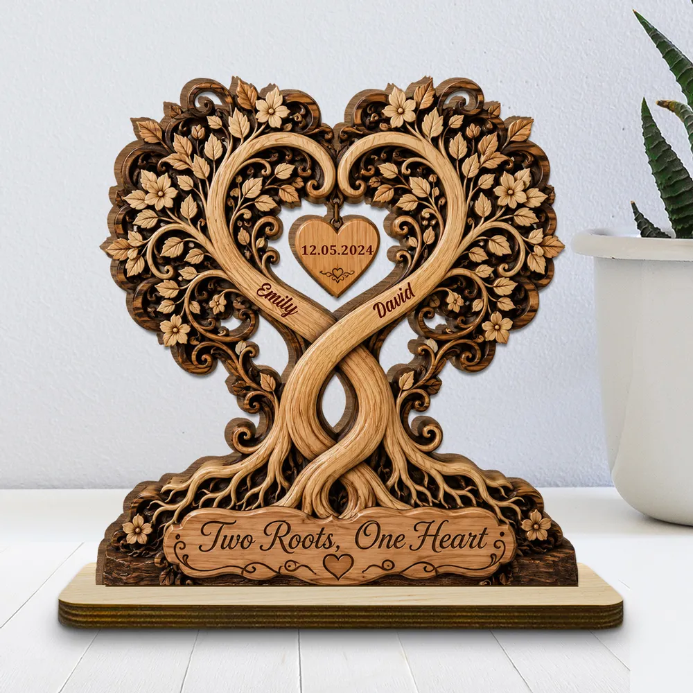 Two Roots, One Heart Tree of Love - Personalized Wooden Plaque