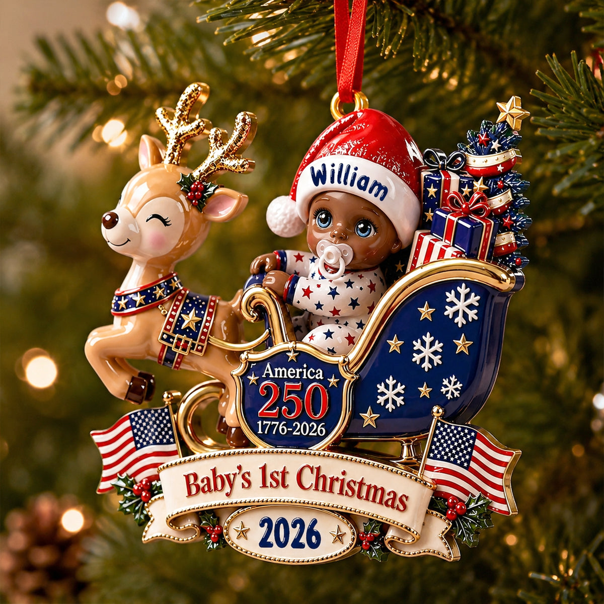 Baby's 1st Christmas In Sleigh America 250th Anniversary - Real 3D Raised Ornament