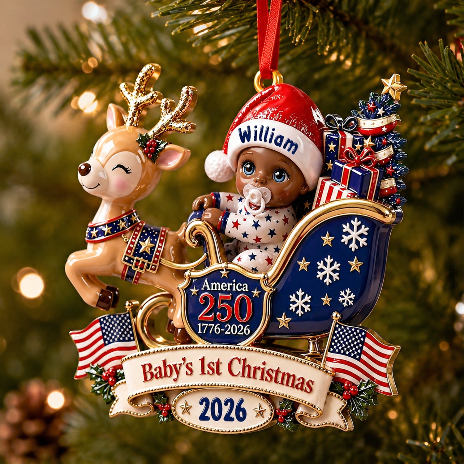 Baby's 1st Christmas In Sleigh America 250th Anniversary - Real 3D Raised Ornament