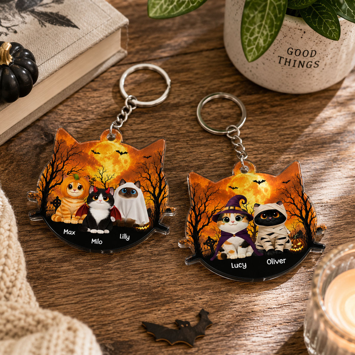 Halloween Cat Face Shaped - Personalized Acrylic Keychain - Halloween Gift For Cat Lovers