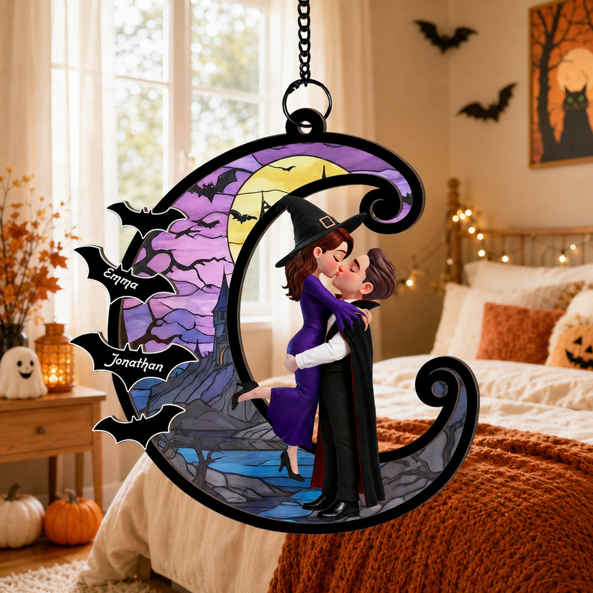 Halloween Couple Hugging Kissing On Moon Personalized Suncatcher, Halloween Decor