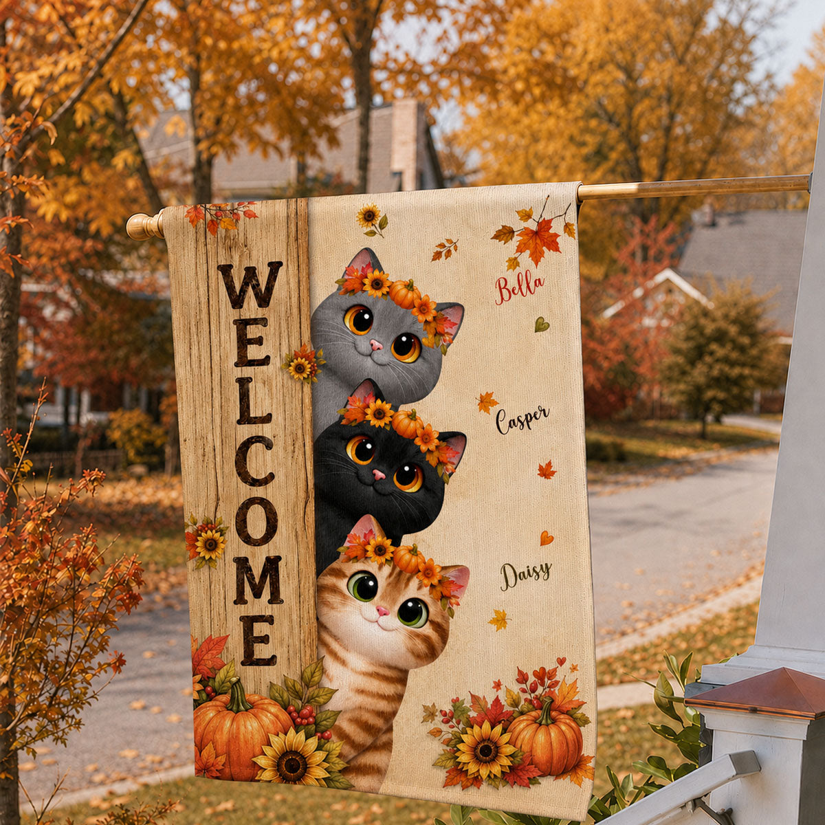 Welcome Cozy Fall Cat - Personalized Garden Flag - Fall Season Decoration, Gift For Cat Lovers