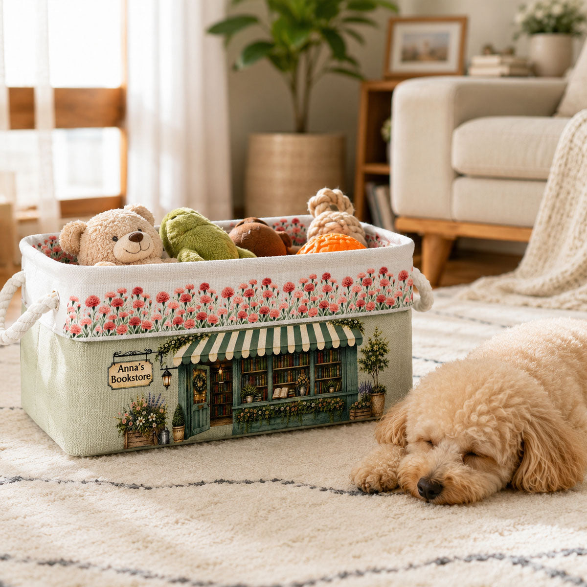 Book Lovers Corner Bookshop With Birth Month Flower - Personalized Storage Basket