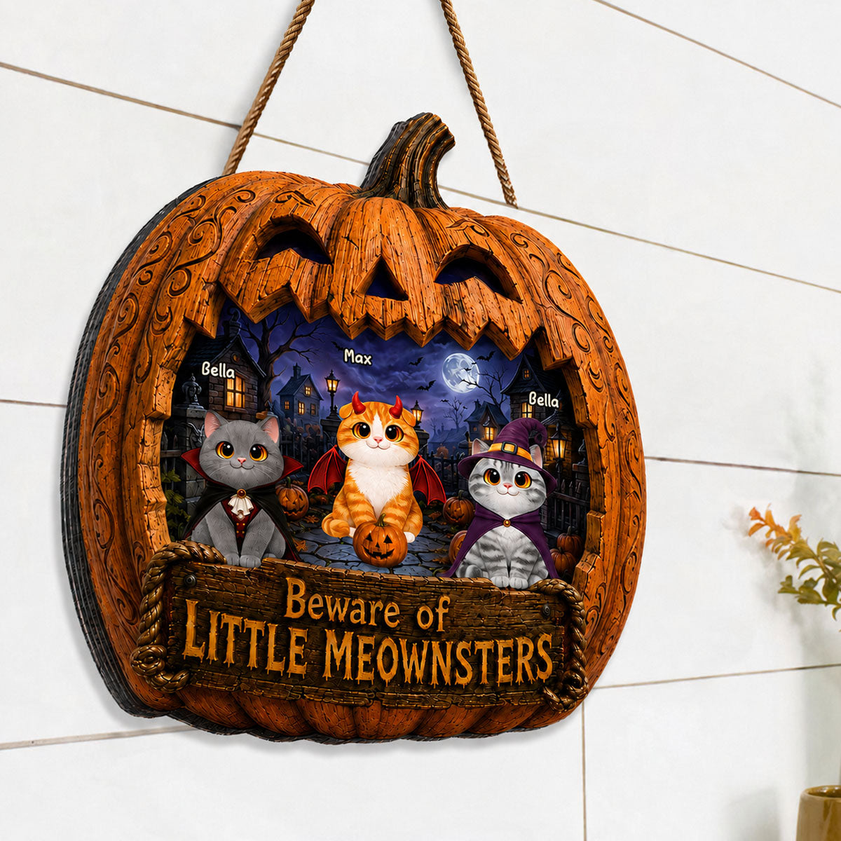 Spooky Halloween Pumpkin Cats - Personalized Wood Sign - Halloween Decor For Cat Lovers