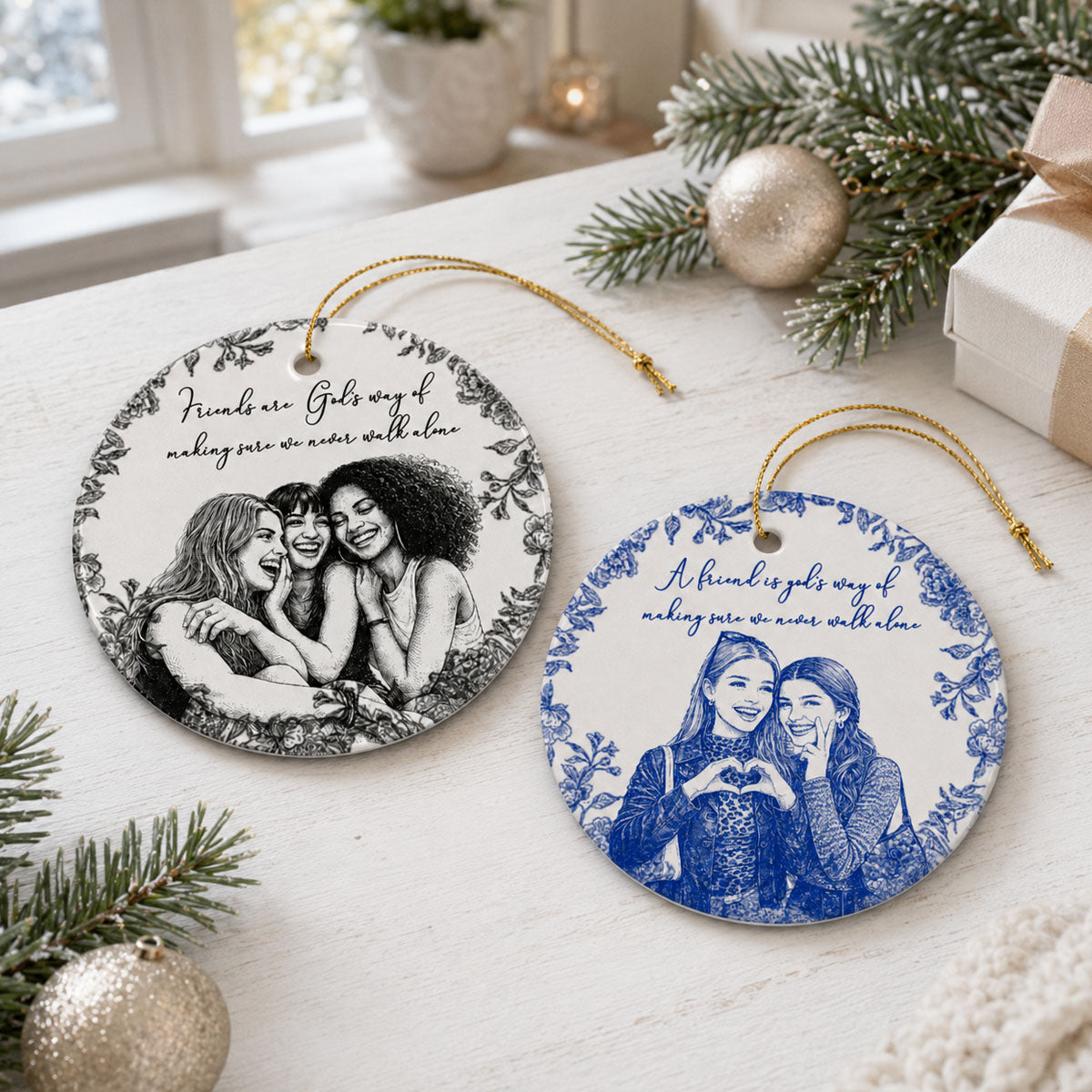 Friendship Sketch Line Art Christmas Gifts For Friends, Sisters - Personalized Ornament
