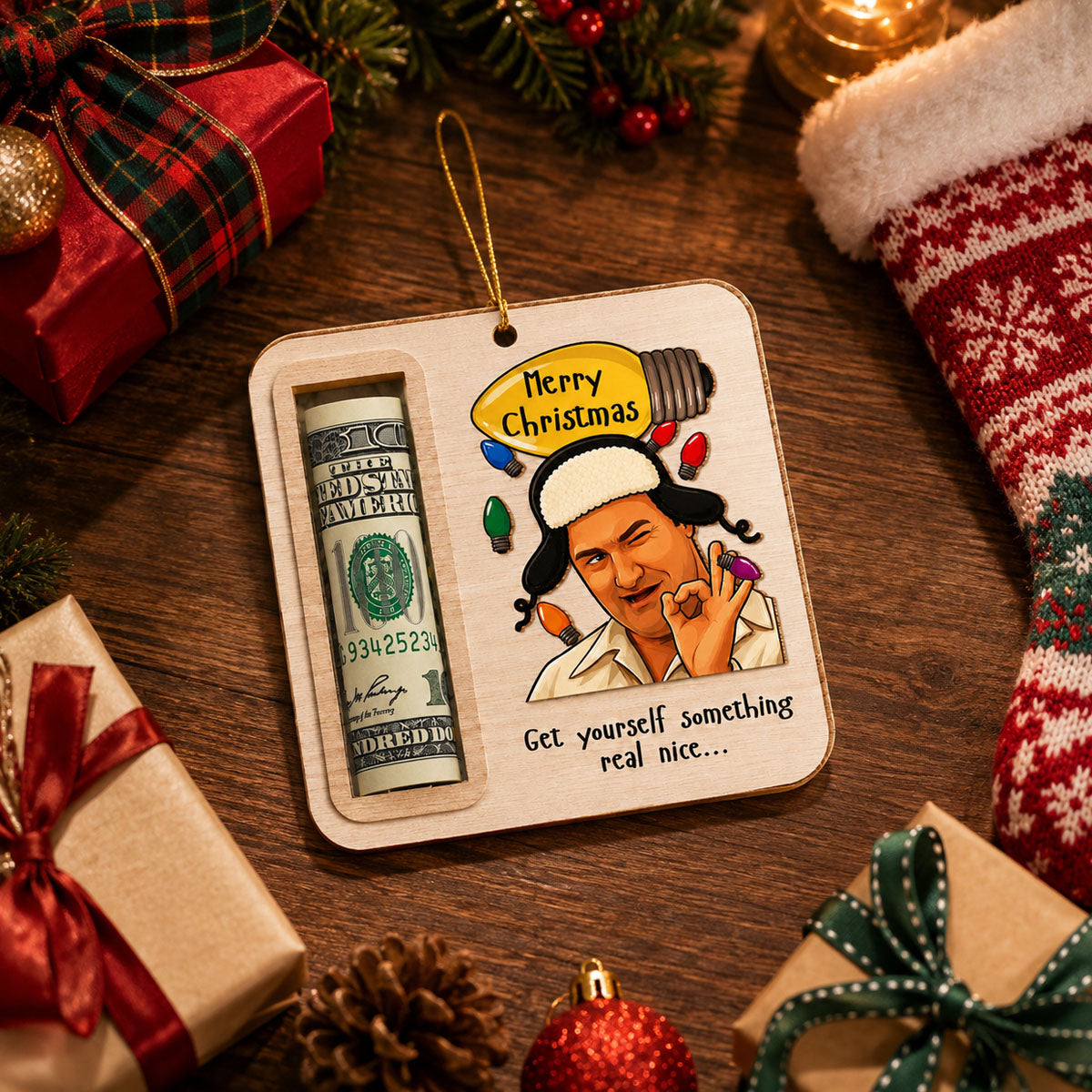 Cousin Eddie Wooden Money Holder Ornament – Funny Christmas Cash Gift Holder