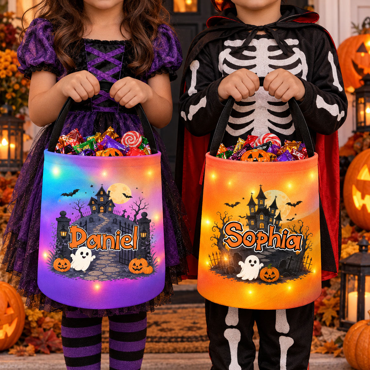 Custom LED Light Bucket Bag - Personalized Halloween Birthday Gifts For Kids - Tiny Trickster