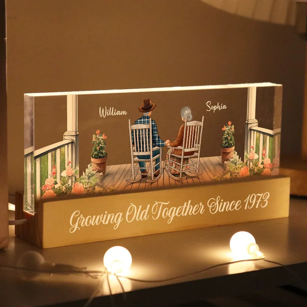 Old Couple Growing Old Together - Personalized 3D LED Light Wooden Base - Gift For Couple