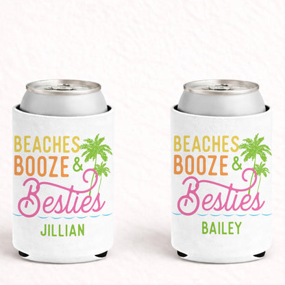 Personalized Beach Booze & Besties Can Coolers, Beach Bachelorette and Girls Trip Party Favors