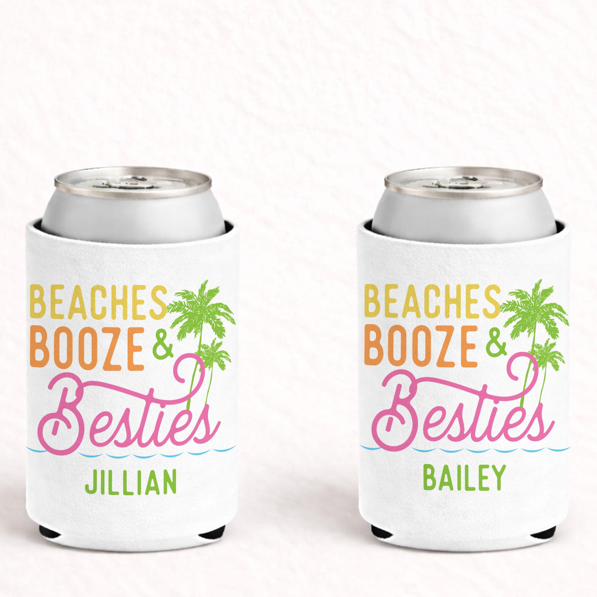 Personalized Beach Booze & Besties Can Coolers, Beach Bachelorette and Girls Trip Party Favors