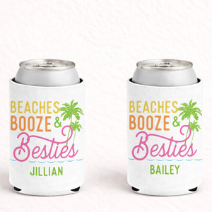 Personalized Beach Booze & Besties Can Coolers, Beach Bachelorette and Girls Trip Party Favors