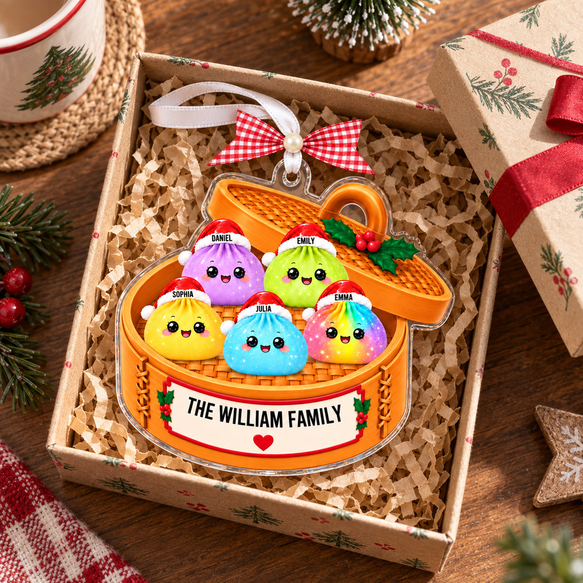 Personalized Glitter Dumpling Ornament, Dim Sum Acrylic Family Ornament