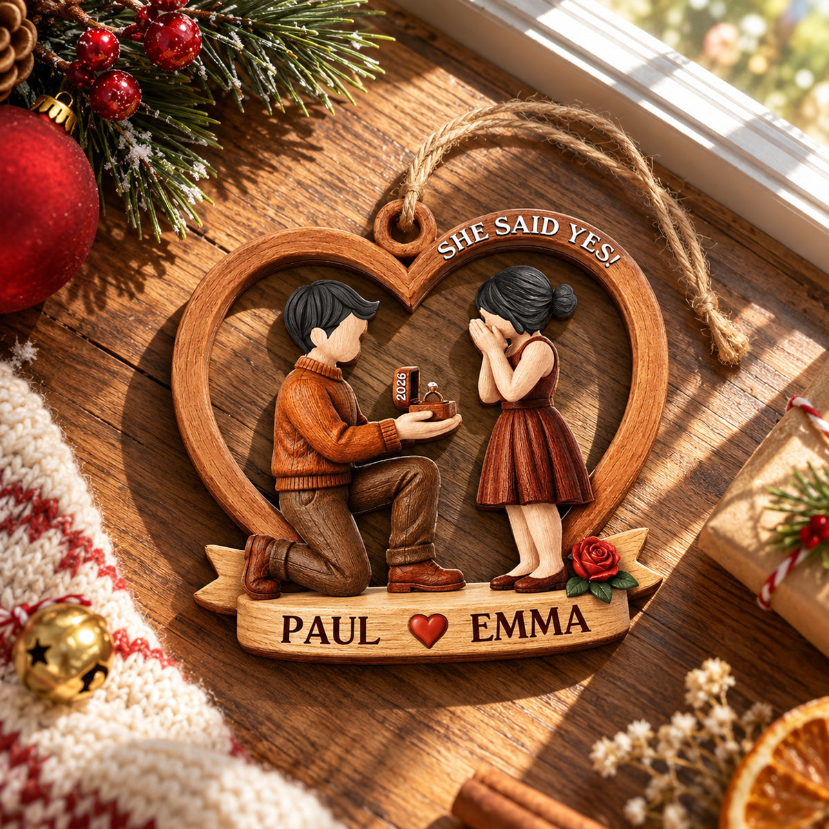 She Said Yes First Christmas Married Engaged Couple - Personalized Custom Shaped Wooden Ornament
