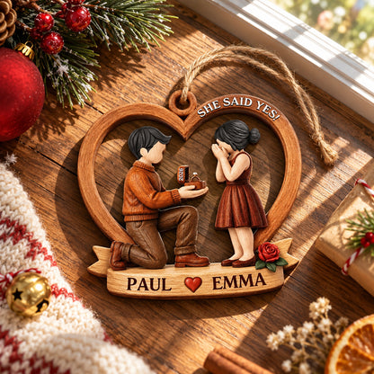 She Said Yes First Christmas Married Engaged Couple - Personalized Custom Shaped Wooden Ornament