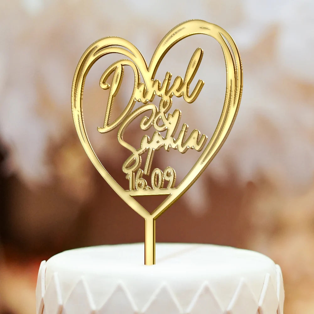 Couple Name With Heart Anniversary Wedding Date - Personalized Cake Topper