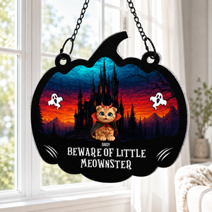 Beware Of Little Meownsters - Personalized Window Hanging Suncatcher Ornament - Halloween Gift For Family, Gift For Cat Lovers