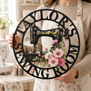 Sewing Room, Sewing Machine With Birth Flower - Personalized Metal Sign