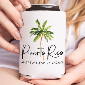 Custom Palm Tree Destination Can Coolers, Personalized Tropical Wedding Favors, Beach Family Vacation