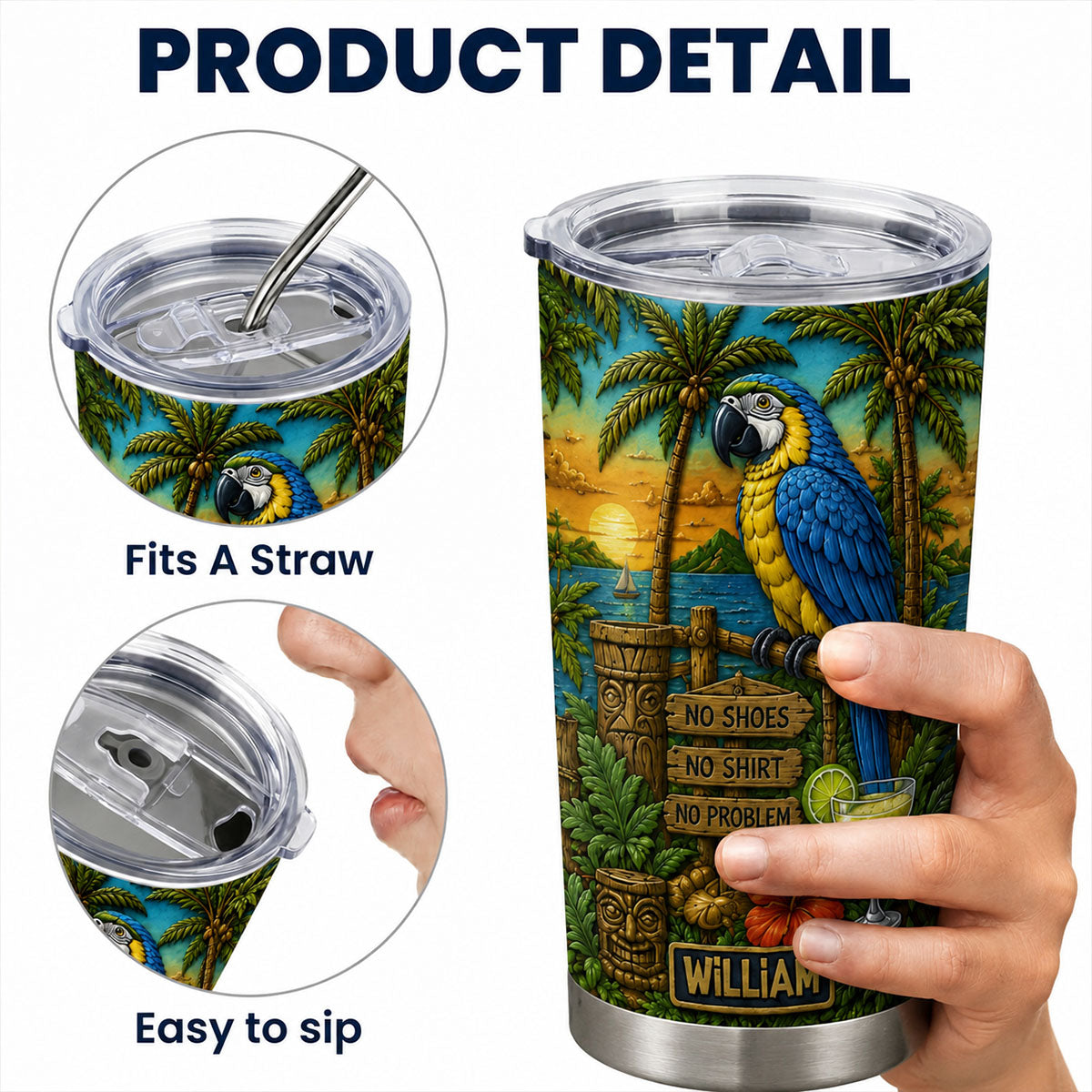 Personal Summer Tropical Parrot Beach - Personalized Tumbler
