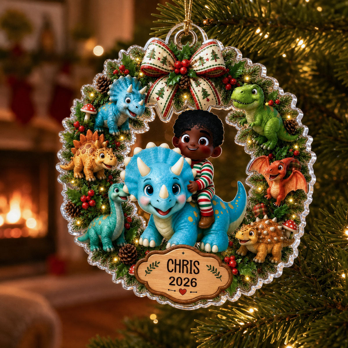 Cute Cartoon Kid With Dinosaur - Personalized Acrylic Ornament - Christmas Gift For Boys, Girls