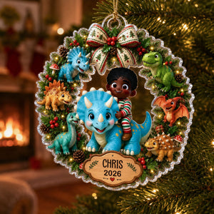 Cute Cartoon Kid With Dinosaur - Personalized Acrylic Ornament - Christmas Gift For Boys, Girls