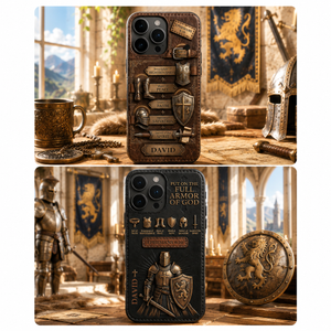 Personalized Armor of God Phone Case, Christian iPhone Case for Men, Ephesians 6:10 Scripture Case, Custom Name Leather Armor Design, Faith Gift