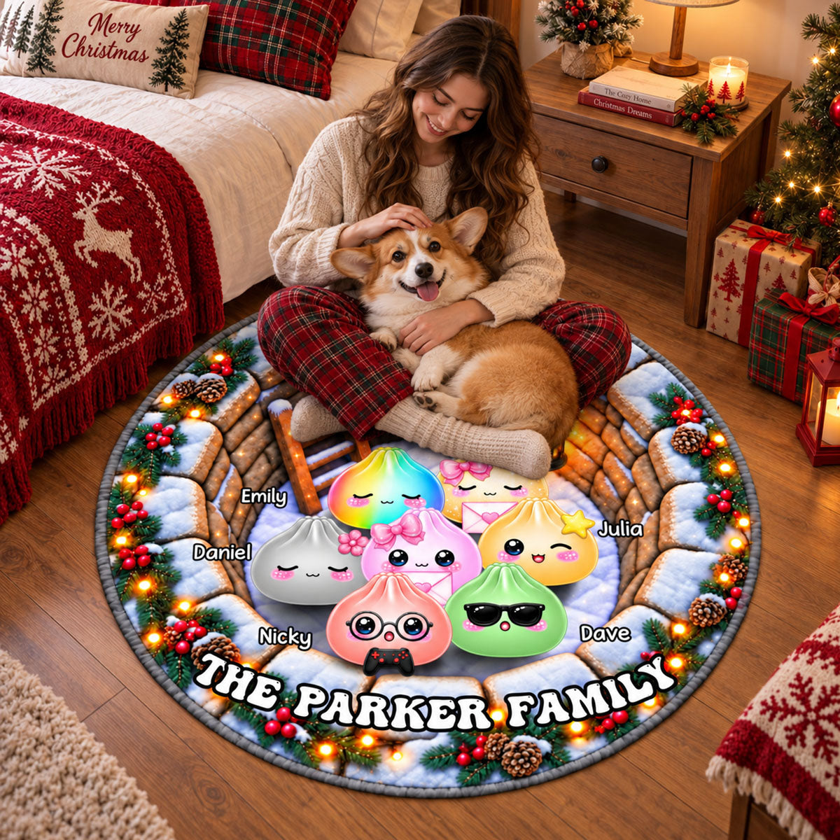 Our Christmas Crew Together 3D Illusion Quilted Rug - Personalized Quilted Mat