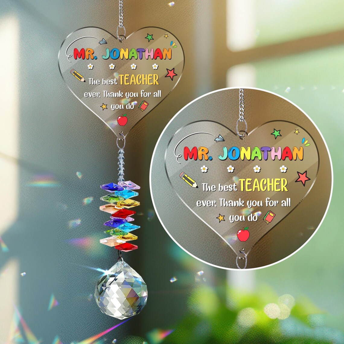 Teacher Appreciation Gifts, Crystal Heart Suncatcher, Classroom Window Hanging Decor, Inspirational Gift, Thank You Present, Teacher Gifts