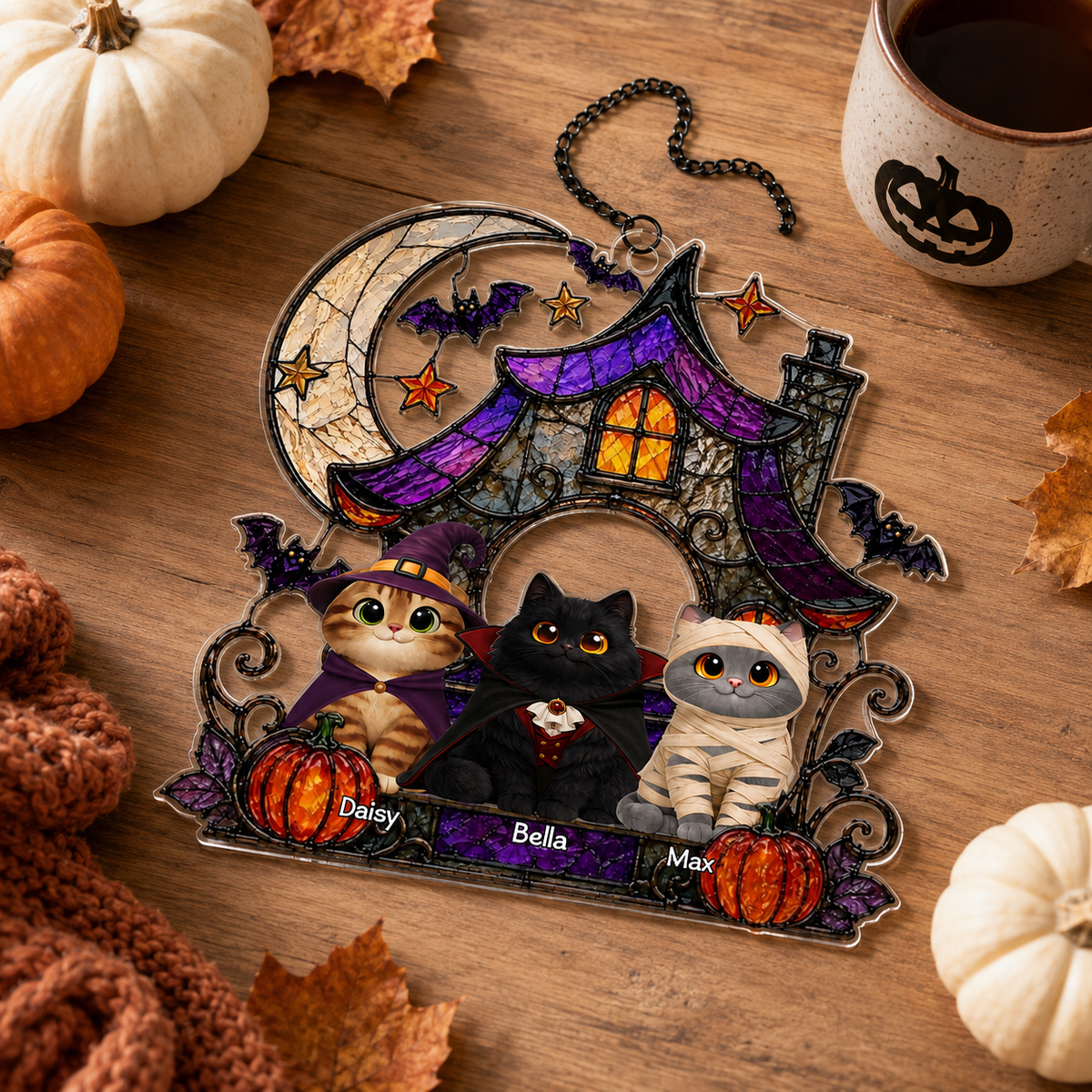 Halloween Haunted House Spooky Cats - Personalized Acrylic Suncatcher - Halloween Gift For Cat Lovers, Halloween Decor