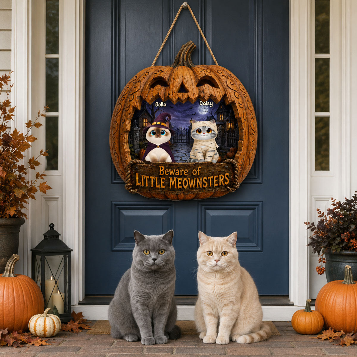 Spooky Halloween Pumpkin Cats - Personalized Wood Sign - Halloween Decor For Cat Lovers