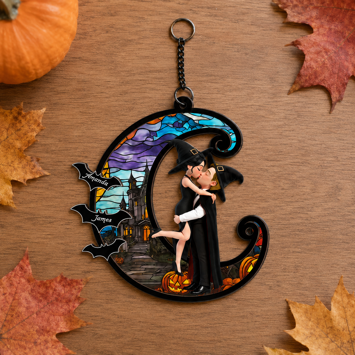 Halloween Couple Hugging Kissing On Moon Personalized Suncatcher, Halloween Decor